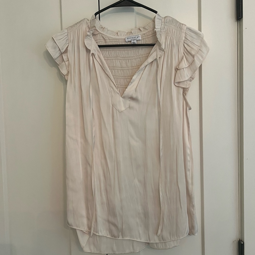 Current Air Cream Flutter Ruffle Cap Sleeve Tie Neck Silky Blouse